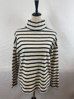 Emerson Fry Mock Neck Top M Cream Navy Stripe Mini-Ribbed Zipper Detail